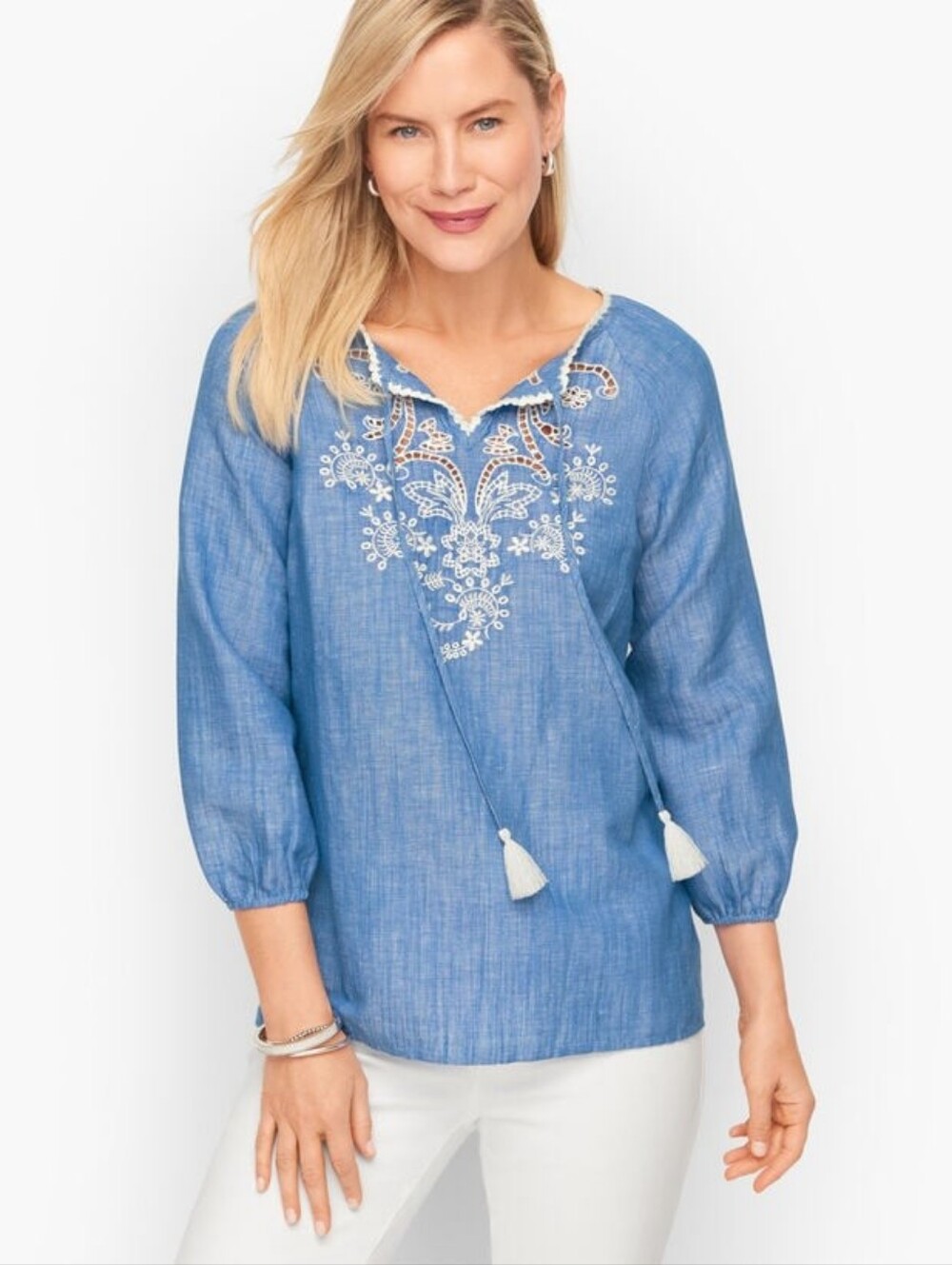 Talbots Linen Blend Blue Embroidered Peasant Top M Boho Chambray Tassel Tie